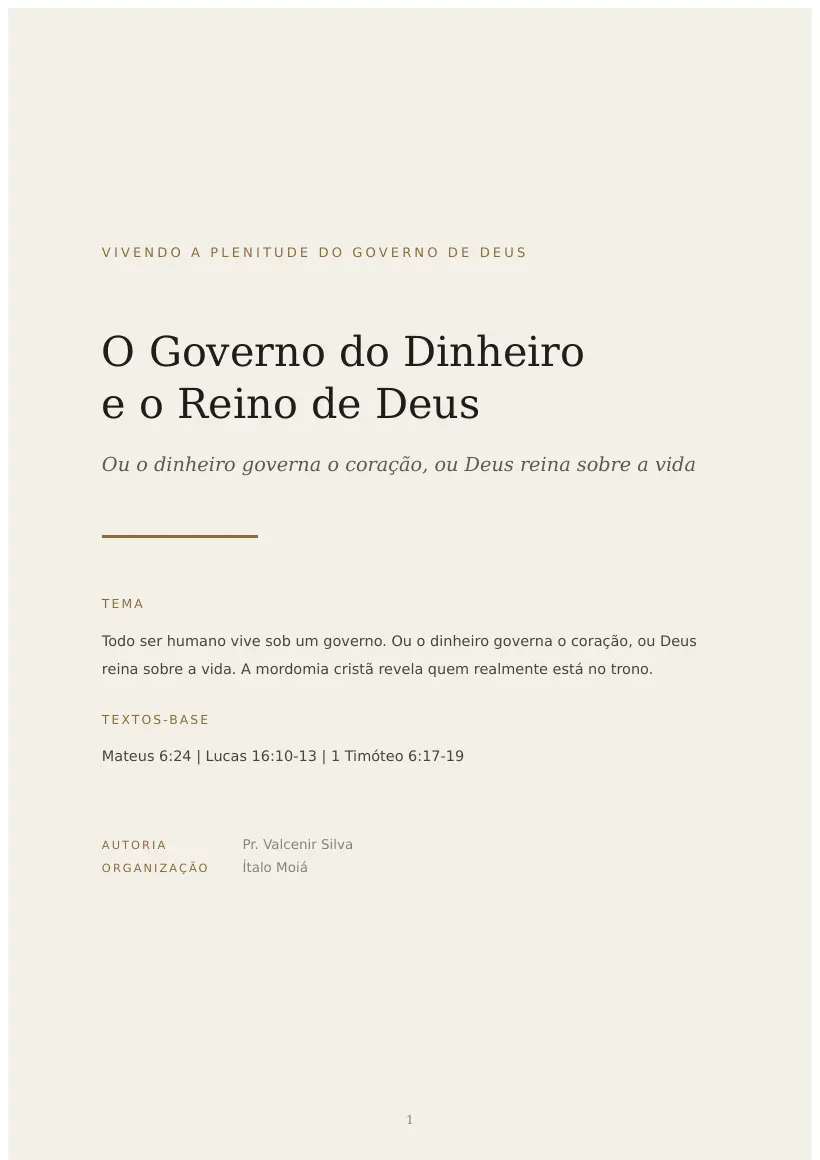 Estudo de O Governo do Dinheiro e o Reino de Deus, página 1 de 8